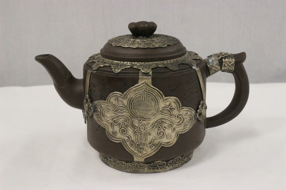 Chinese Yixing teapot with tin enhancement: Chinese Yixing teapot enveloped with tin enhancement, 4.15"Hx6.25"x3.6"