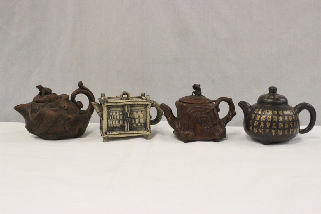 4 Yixing clay teapots: 4 Yixing clay teapots, 3.6"H, 4.25"H, 4.2"H, 4.25"H