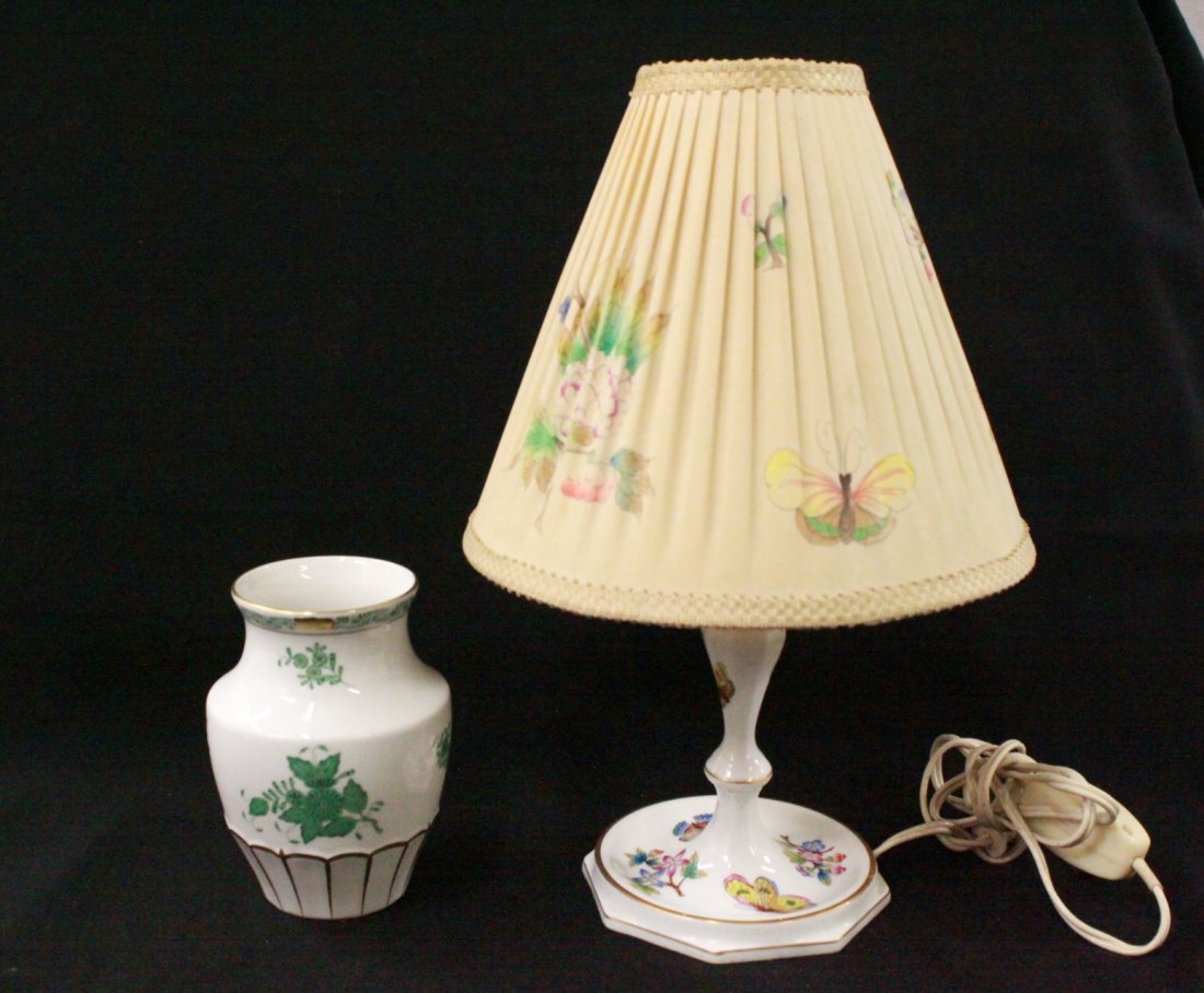 A porcelain vase and a porcelain lamp by Herend: A porcelain vase (5.4"Hx3.9"dia) and a porcelain (7"Hx4.9"x4.9") lamp (13.5"H) by Herend