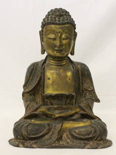 Chinese 17th/18th c. or earlier gilt bronze Buddha: An important Chinese 17th/18th century or earlier gilt bronze seated Buddha (possible Ming dynasty), it was purchased by original owner around 1910 in China, unusually large size, 15"Hx11.5"x8"