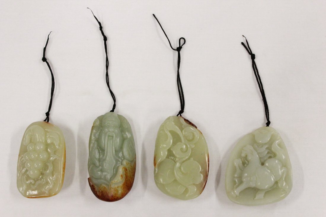 4 Chinese celadon nephrite jade carved ornaments: 4 Chinese celadon nephrite jade carved ornaments, 2.6"x2.05"x0.7", 2.35"x1.6"x1", 2.7"x1.7"x0.65", 2.75"x1.5"x0.85"