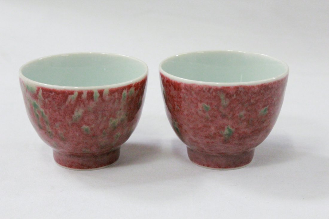 Pair ox blood porcelain wine cups: Pair ox blood porcelain wine cups, 1.85"Hx2.45"dia each