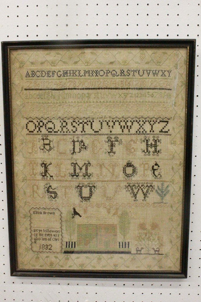 An early Amer. alphabet sampler, signed and dated: An early American sampler with picture, signed and dated 1832, 22.6"x17"