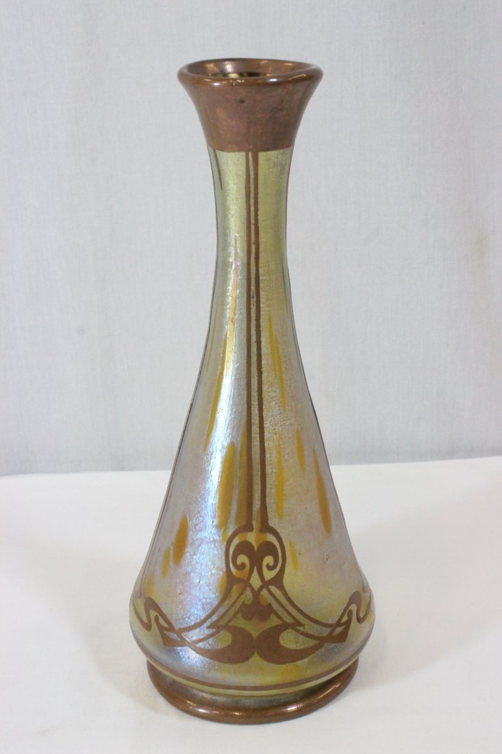 A rare signed iridescent glass vase by Loetz: A rare art nouveau overlay signed Loetz iridescent glass vase, also signed by artist, 10.2"Hx4'dia