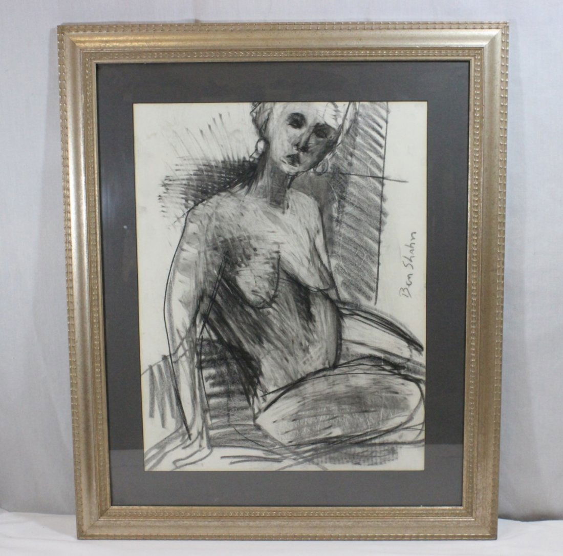Charcoal on paper by Ben Shahn: Charcoal on paper "seated nude" by Ben Shahn (New York, 1898-1969), 22"x17"