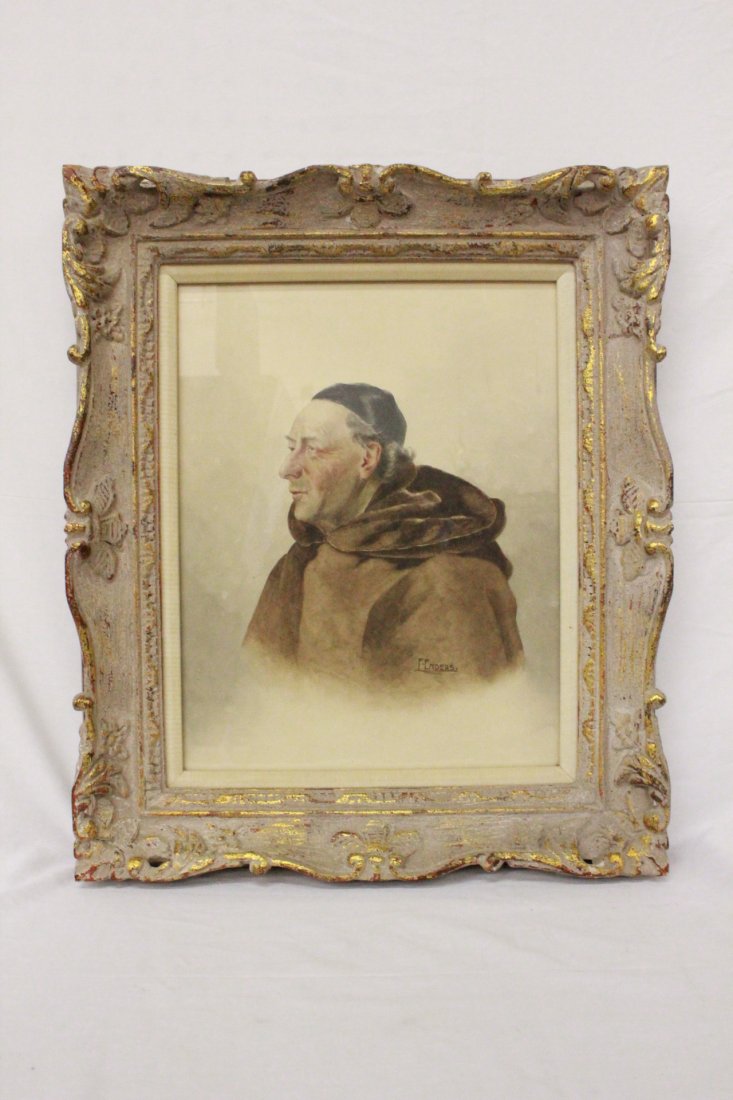 Watercolor by Wisconsin artist Frank Enders: Watercolor "portrait of monk" by Wisconsin artist Frank Enders (1860-1921), 10.4"x13.4"