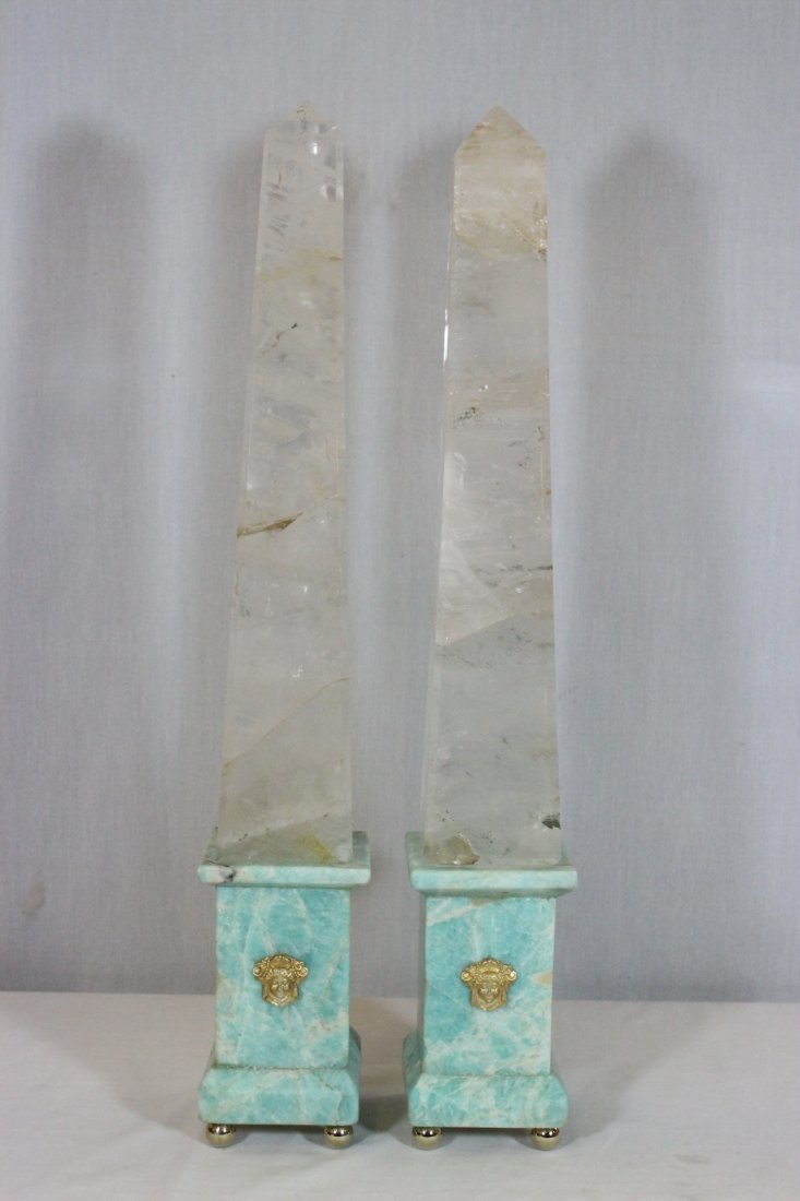 Pair rock crystal obelisks with rare amazonite base: Pair important rock crystal obelisks with rare amazonite base and gilt ormolu in figure motif, 21"Hx3.35"x3.35" each