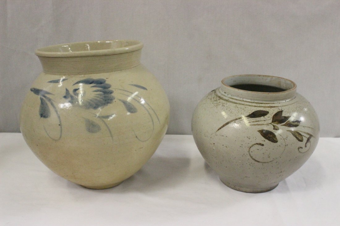 2 antique Korean porcelain jars: 2 antique Korean porcelain jars, 8"Hx9.2"dia, 10.75"Hx11"dia
