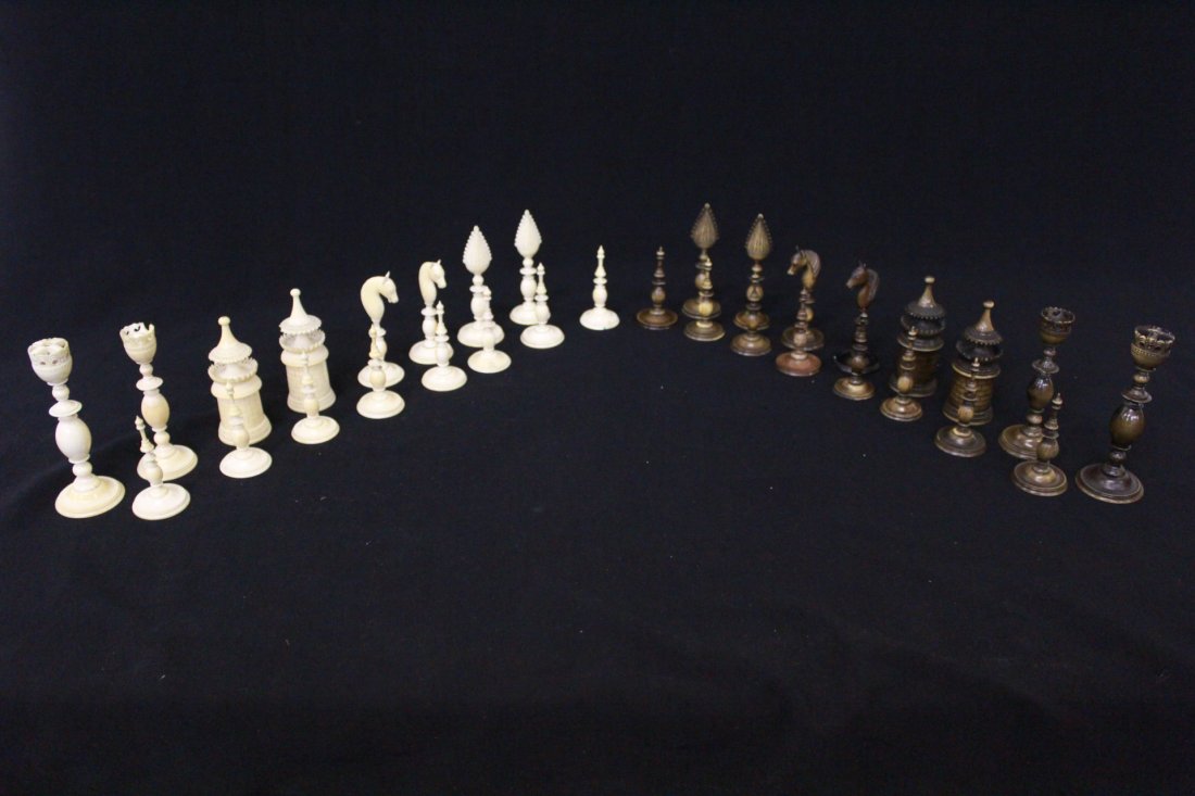 Rare Chinese 19th century well carved ivory chess set: Rare Chinese 19th century well carved ivory (2.3-4"H)chess set, NO INTERNATIONAL SHIPPING OF IVORY