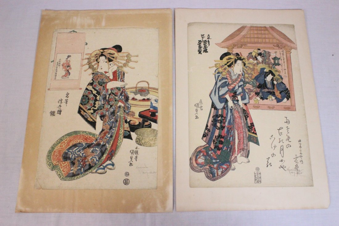 2 antique Japanese w/b prints by Kunisada: 2 antique Japanese woodblock prints by Kunisada, 15.5"x10.5", 15"x10.25"