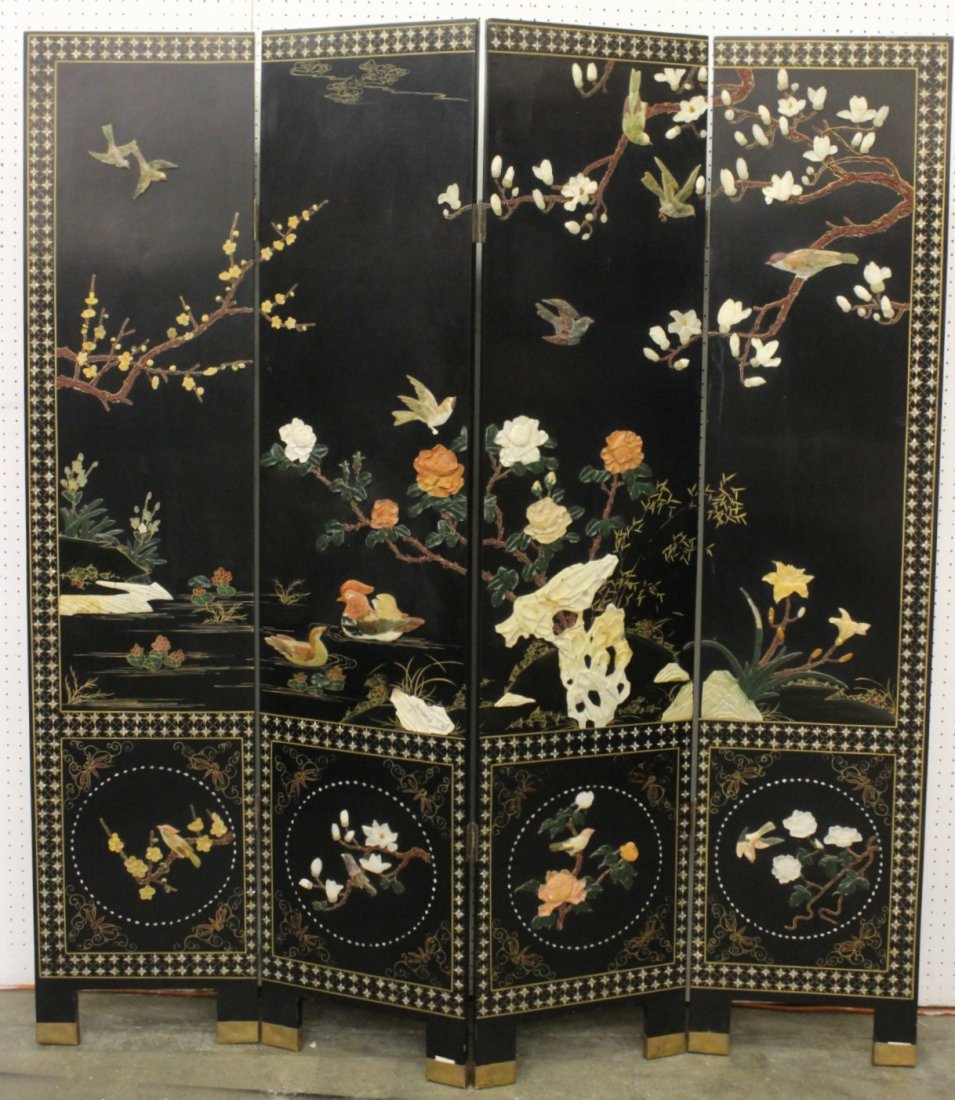 Chinese black lacquer 4-panel screen: Chinese black lacquer 4-panel (72"Hx16"x1" each) screen, overlay with shoshan stone to depict garden scene with bird