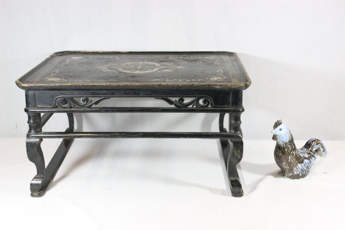 A Korean(?) porcelain, & an antique Korean tray: A Korean(?) blue and brown glazed porcelain rooster (6.5"H) and an antique Korean table serving tray (11.25"Hx21.3"x16.45") with mother of pearl inlaid (lacquer chip)