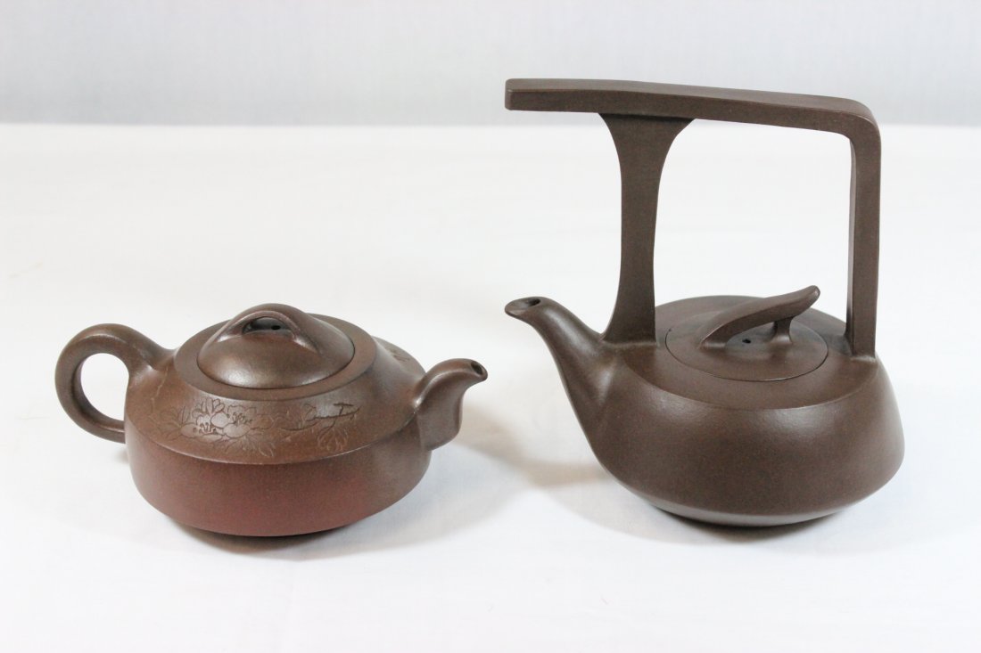 2 Yixing teapots: 2 Yixing teapots, 3.25"Hx7"x4.75", 6.6"Hx6.35"x5.1"