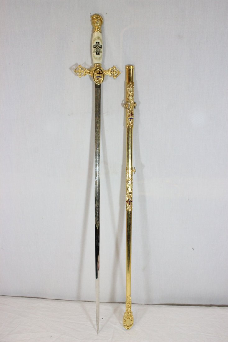 Masonic sword w/ ivory like handle & leather jacket: Masonic sword (40.25"L, blade 31.85"L) with ivory like handle and leather jacket