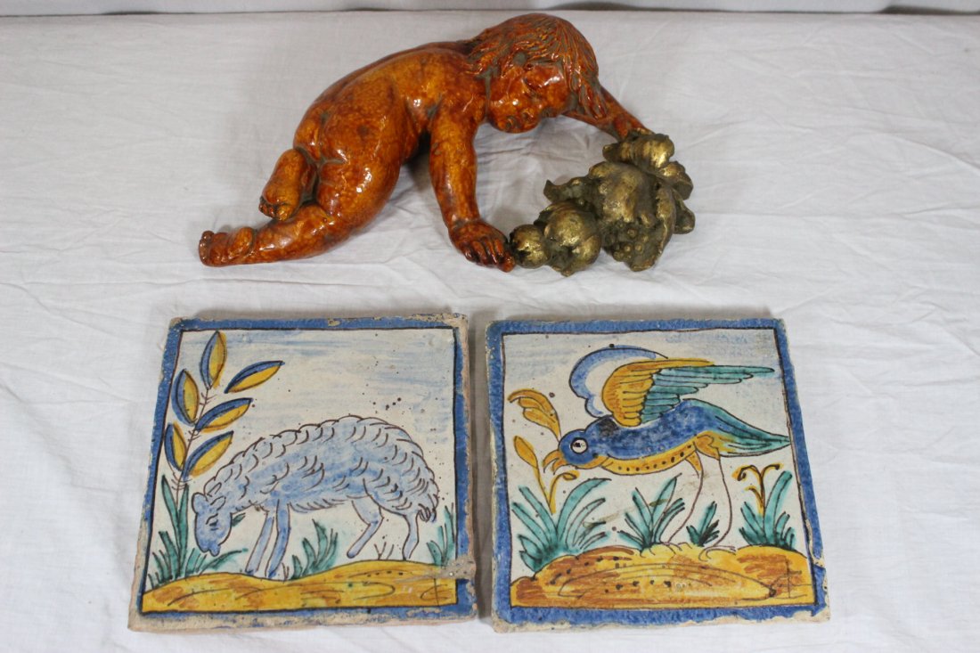 2 antique painted tiles, and a terracotta angel: 2 antique Portuguese painted tiles (7.75"x7.75'x0.9" each), and a terracotta wall hanging angel (13"H)