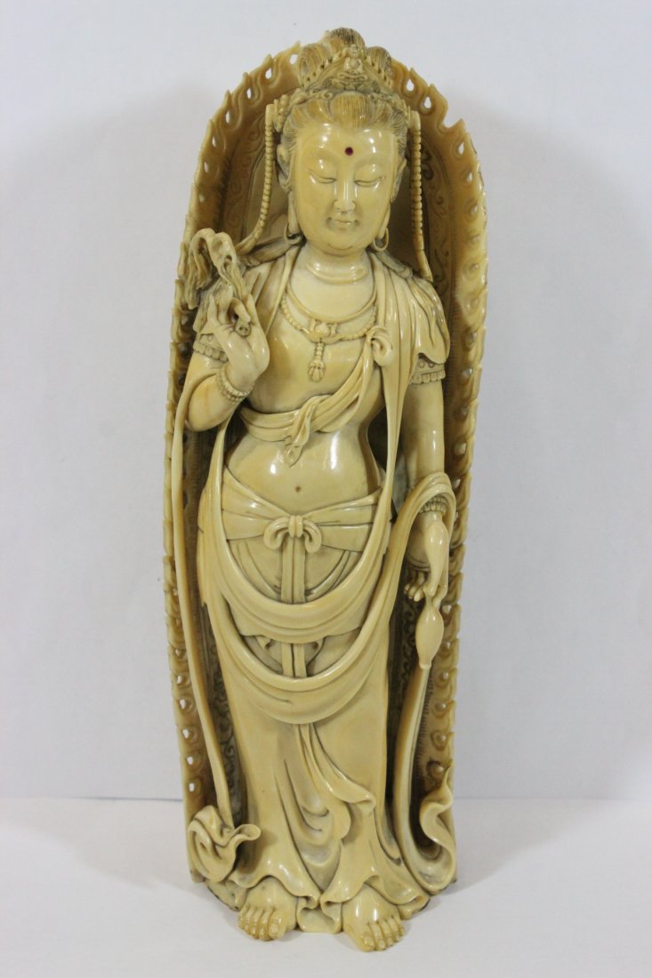 Chinese 17th/18th c. ivory standing Buddha w/ halo: Chinese 17th/18th century ivory carved standing Buddha with halo, possible Ming Dynasty, a beautiful example, 7.7"H, NO INTERNATIONAL SHIPPING OF IVORY