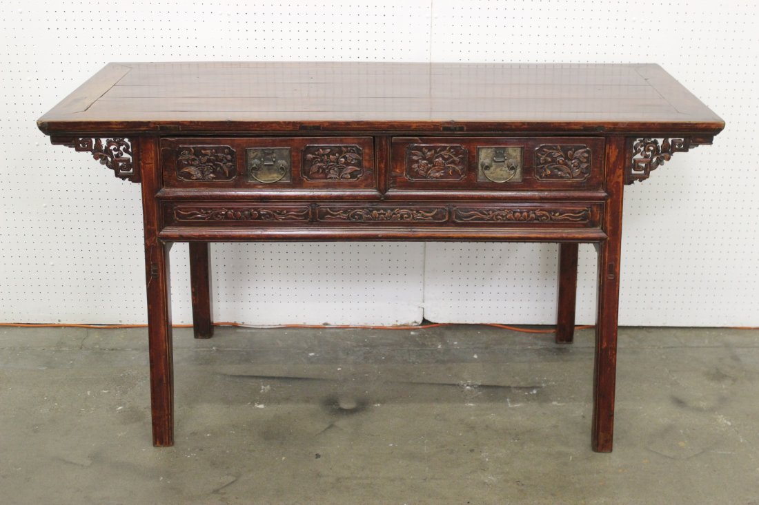 Chinese 18th/19th century elm wood altar table: Chinese 18th/19th century elm wood altar table carved with flowers in relief, 33.5"Hx64"x26.5"