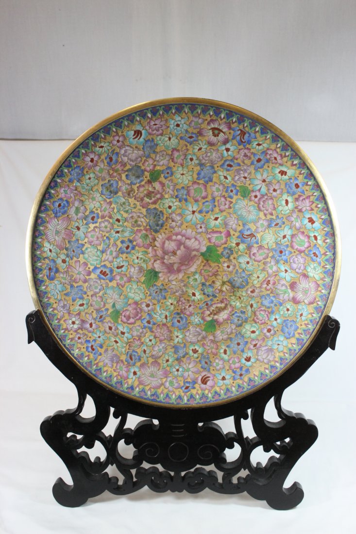 A large Chinese champlevé platter with stand: A large Chinese champlevé platter (2"Hx20"dia) with stand