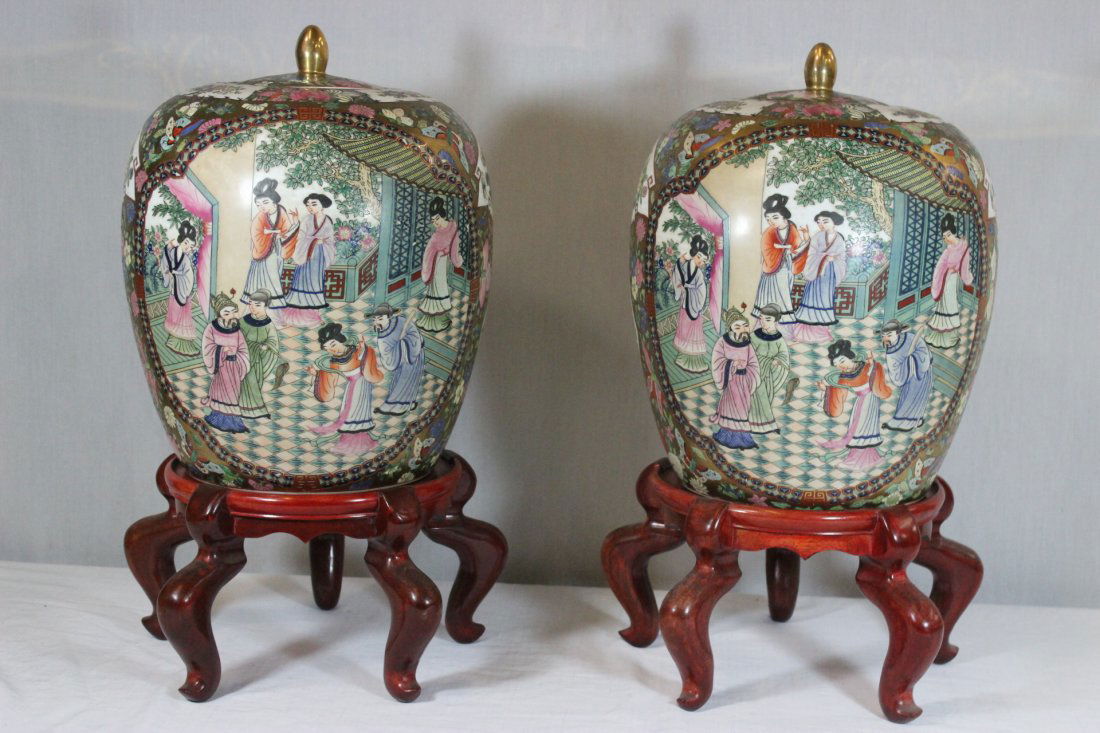 Pr Chinese famille rose covered jars with stand: Pair Chinese famille rose porcelain covered ginger jars (13.4"Hx10.8"dia each) with stand (6.4"H each)