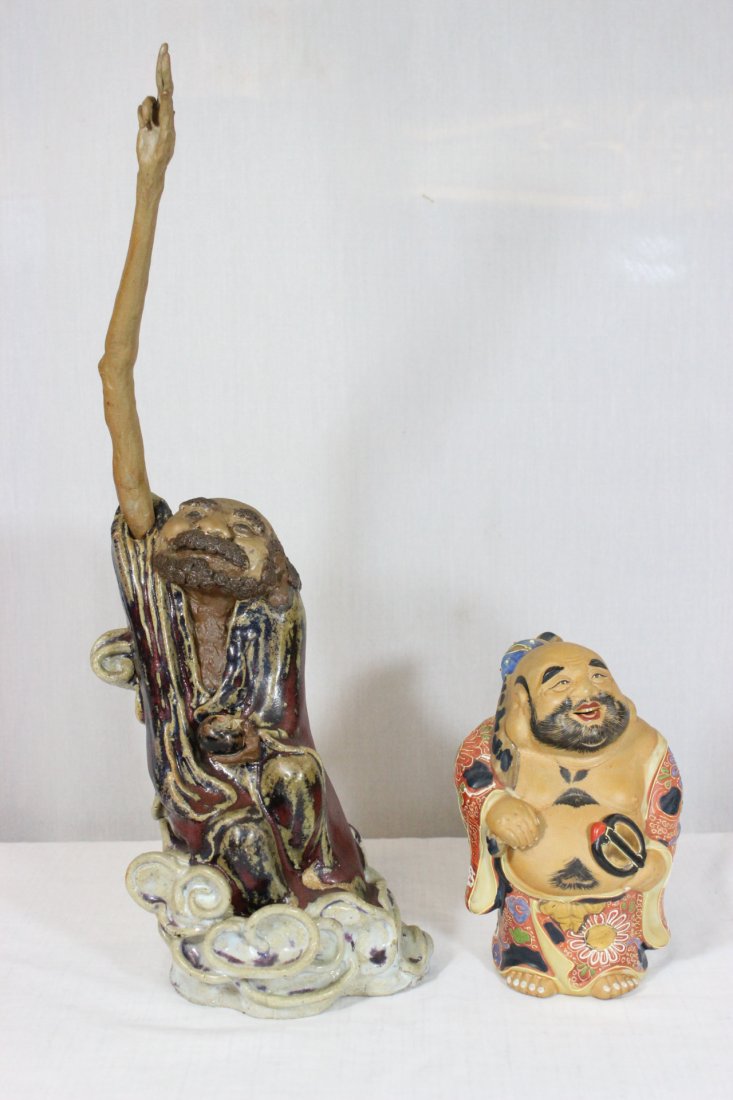 2 Japanese monk: Japanese signed Kutani monk (7.15"H) and antique Japanese Sumidagawa monk (18.8"H)