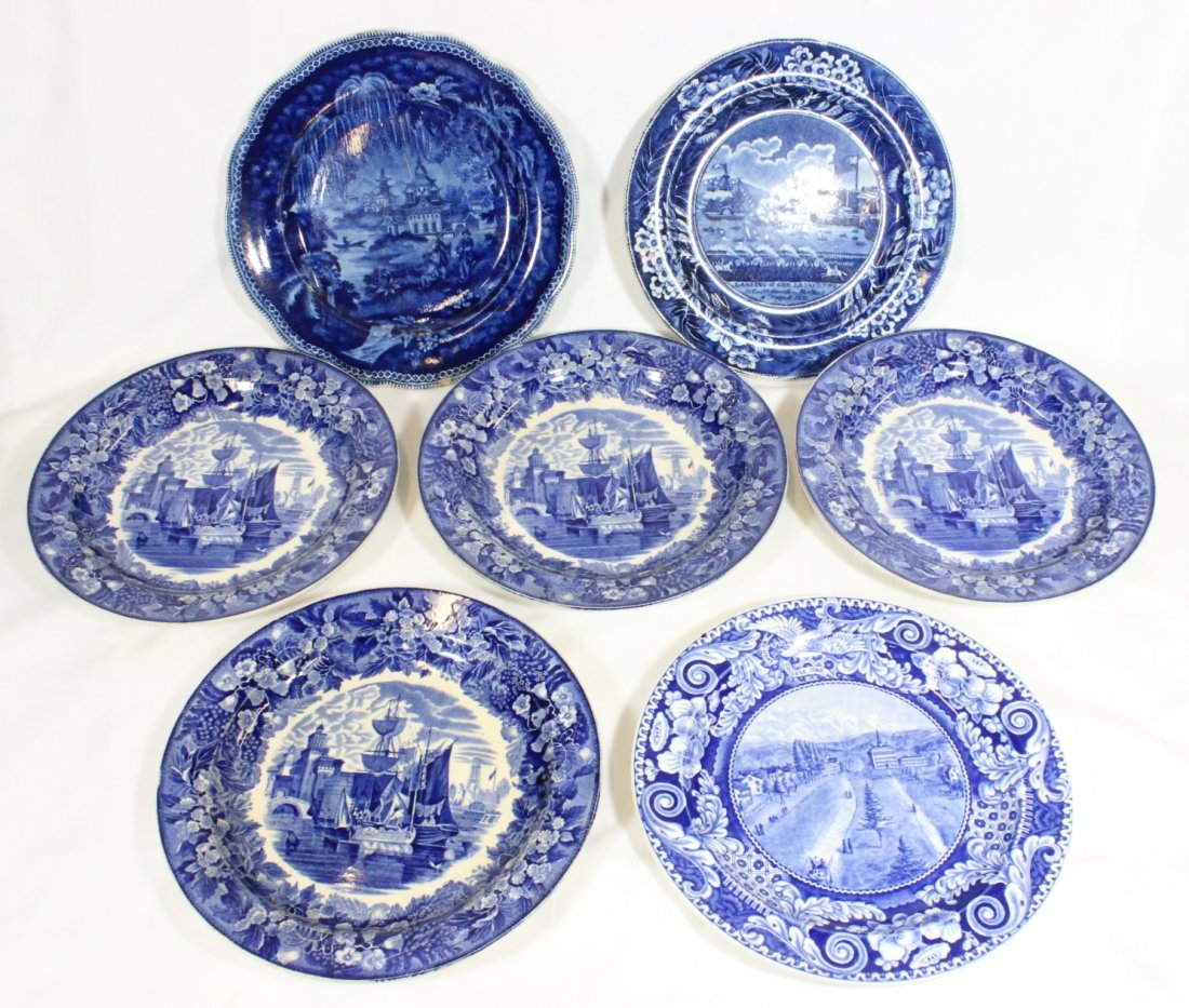 7 English antique flow blue porcelain plates: 7 English antique flow blue porcelain plates (Knife marks), 9.4"dia, 9.1"dia, 9.3"dia(5)