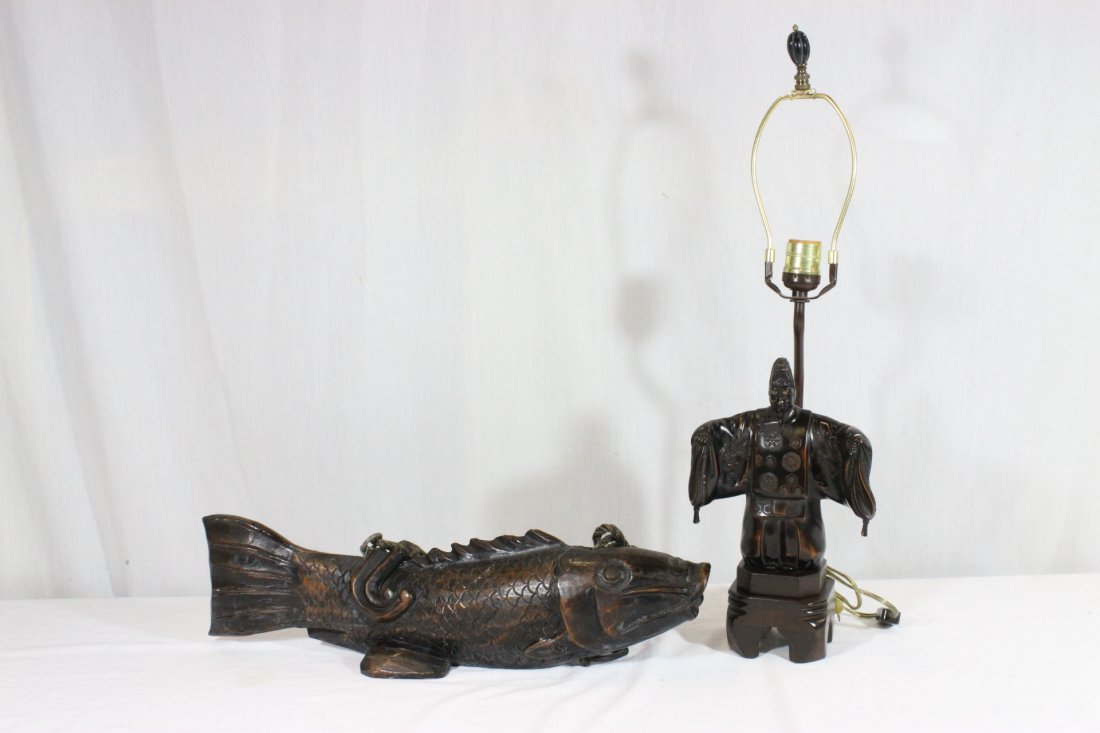 2 Japanese misc. items: Japanese bronze/copper figure (7.8"H) with wood stand, French mount to be a lamp (23"H), and a Japanese wood carved hanging ornament with fish motif (19.25"L)