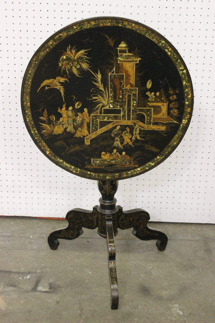 Early French chinoiserie tilt top tea table, c1820: Early French chinoiserie tilt top tea table decorated with mother of pearl inlaid and painted with imaginary Chinese scenes, c1820, 24.5"Hx21.6"dia