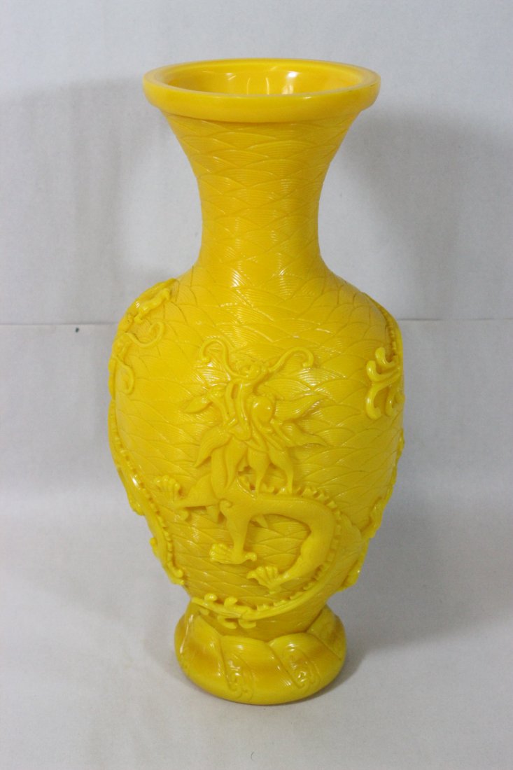 Chinese yellow background Peking glass vase: Chinese yellow background Peking glass vase decorated with dragon, 10.4"Hx4.6"dia