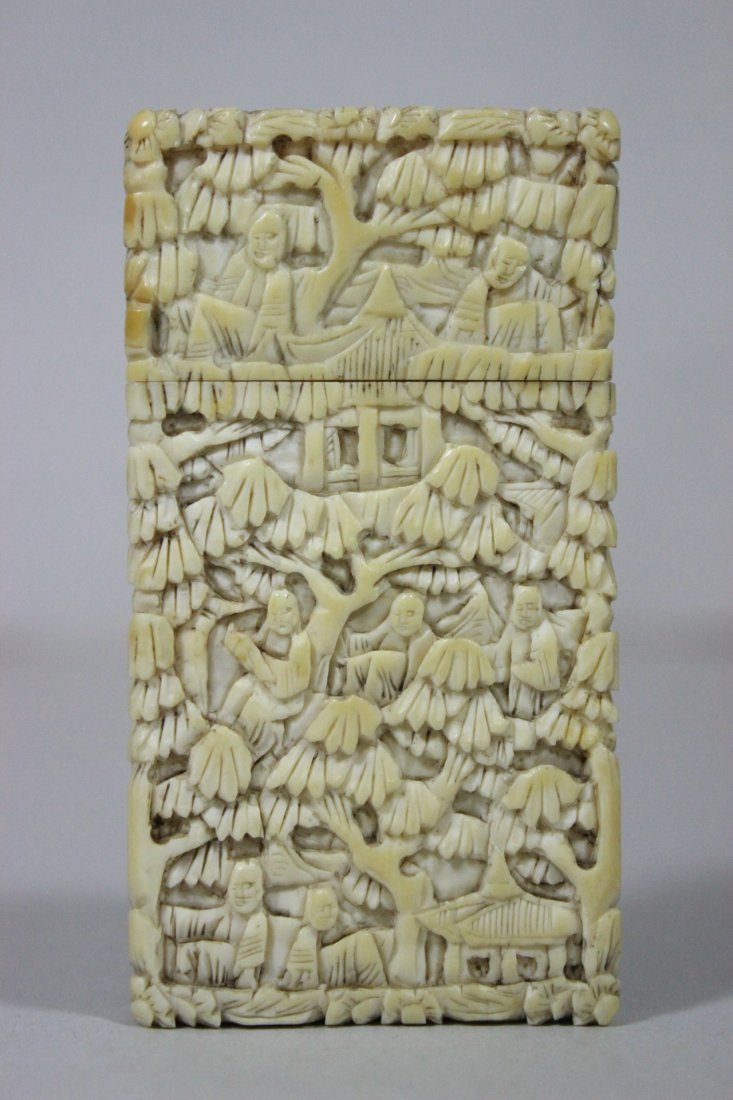 Chinese antique ivory carved box: Chinese antique ivory carved box (3.4"x1.8"x0.4") decorated with fairy tale scene. The ivory is Asian ivory origin, c1880, and it was purchased in Auction in Prague, Czechoslovakia and brought back in