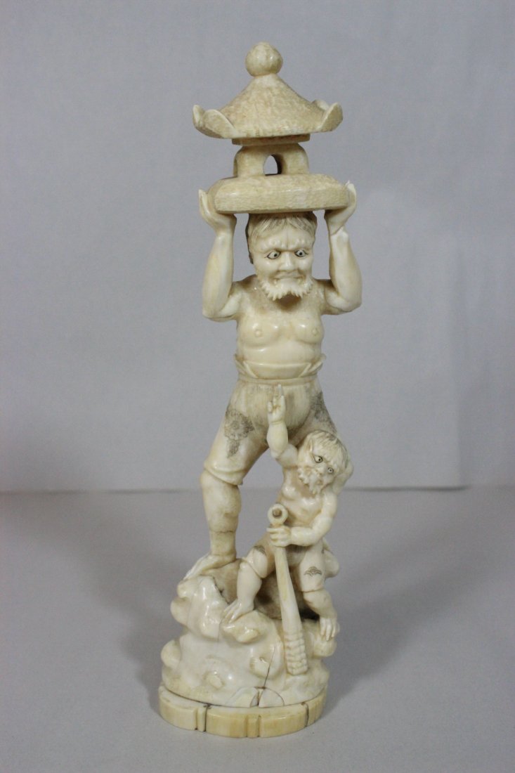 Japanese antique ivory carved okimono: Beautiful Japanese antique ivory carved okimono depicting oni, 9.8"H.The ivory is Asian ivory origin, and it was purchased in Auction in Prague, Czechoslovakia and brought back in 1949. NO INTERNATION