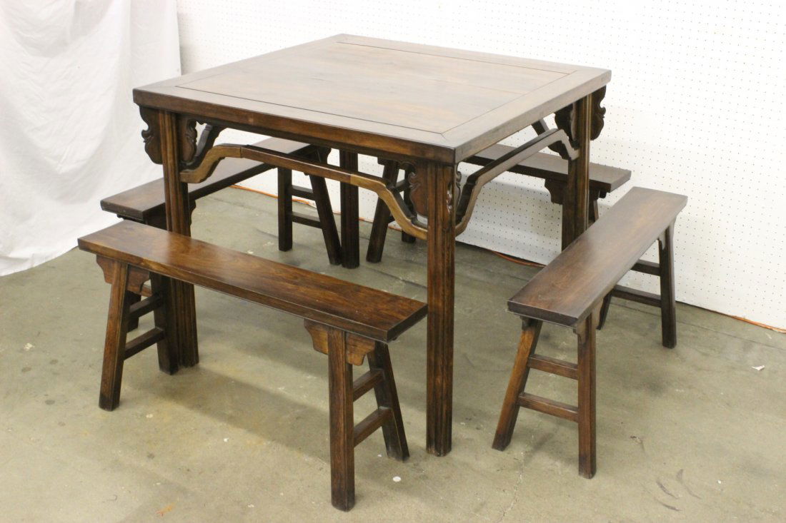 Chinese vintage huanghuali wood table w/ 4 benches: Rare Chinese vintage huanghuali wood square table (32.35"Hx37.75"x37.75") with 4 benches (18.1"Hx37.75"x10.6")