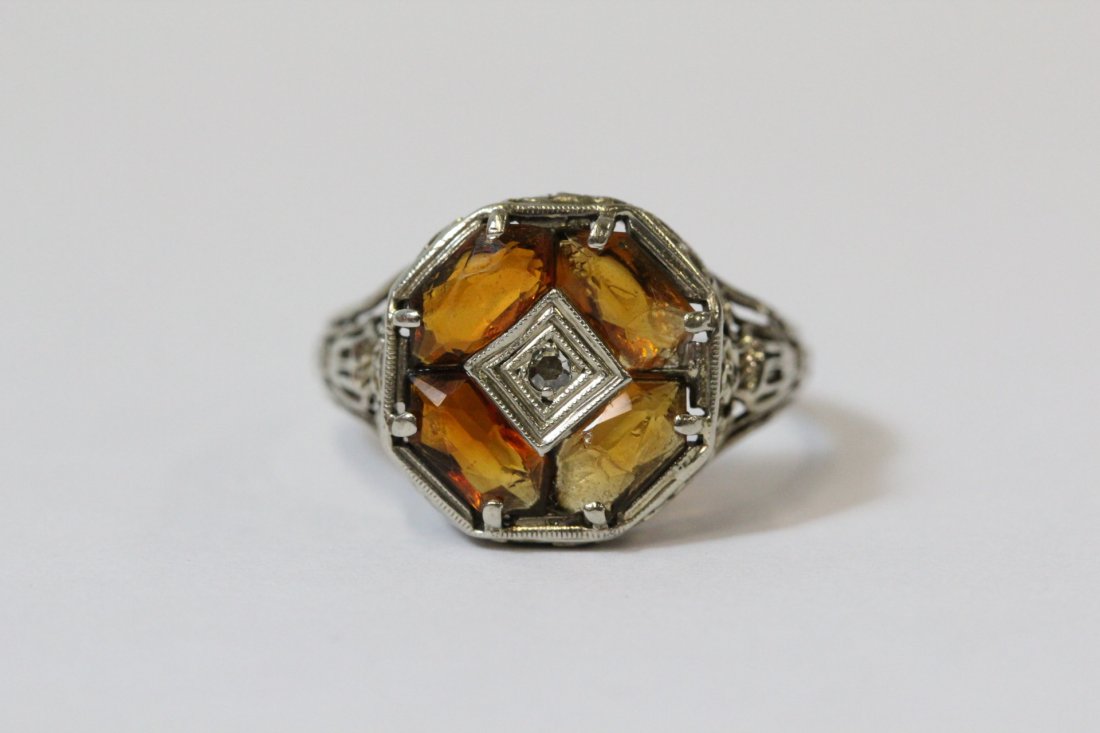 Victorian 14K W/G orange stone and dimond ring (1 of 8)