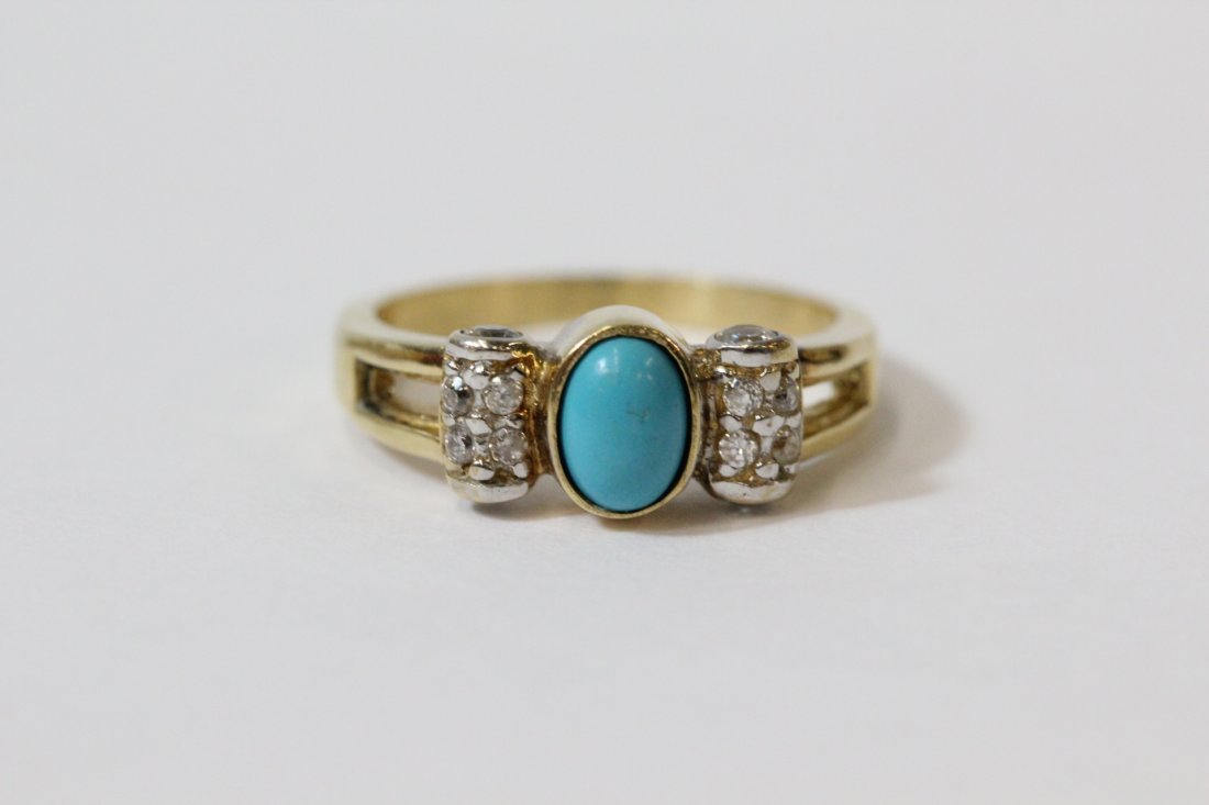 14K Y/G retro style diamond and turquoise ring (1 of 10)