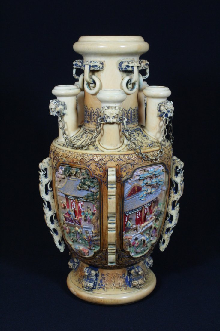 Chinese antique ivory carved 5-hole vase (1 of 10)