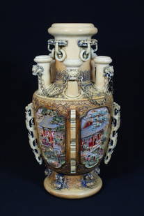 Chinese antique ivory carved 5-hole vase: A beautiful Chinese antique ivory carved 5-hole vase decorated with 5 panels carved with fairy tale scene in relief, 10.9"Hx6"dia, NO INTERNATIONAL SHIPPING OF IVORY