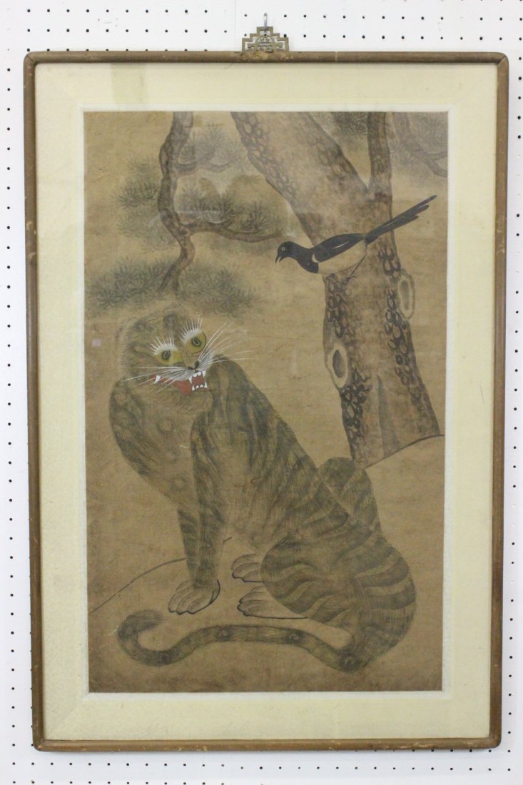 Korean 19th c. folk art w/c on rice paper painting (1 of 9)