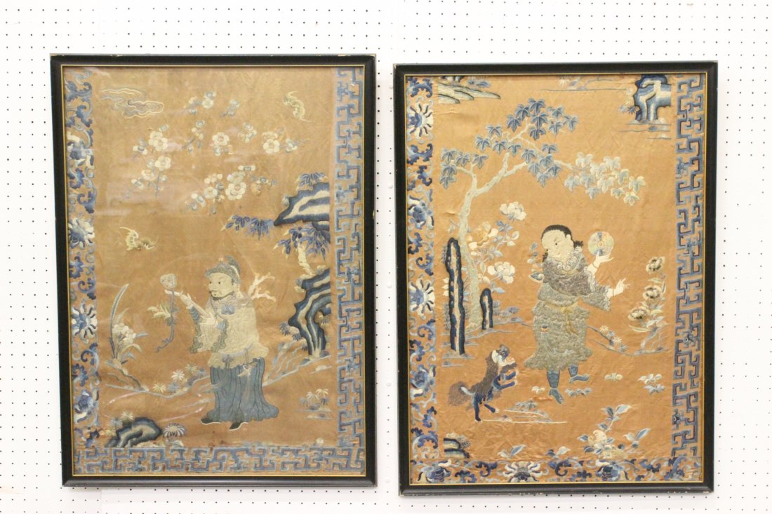 Pair Chinese framed antique embroidery panels (1 of 10)