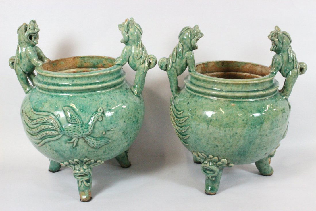 Pair green glazed 3-feet censers with quilin motif (1 of 10)