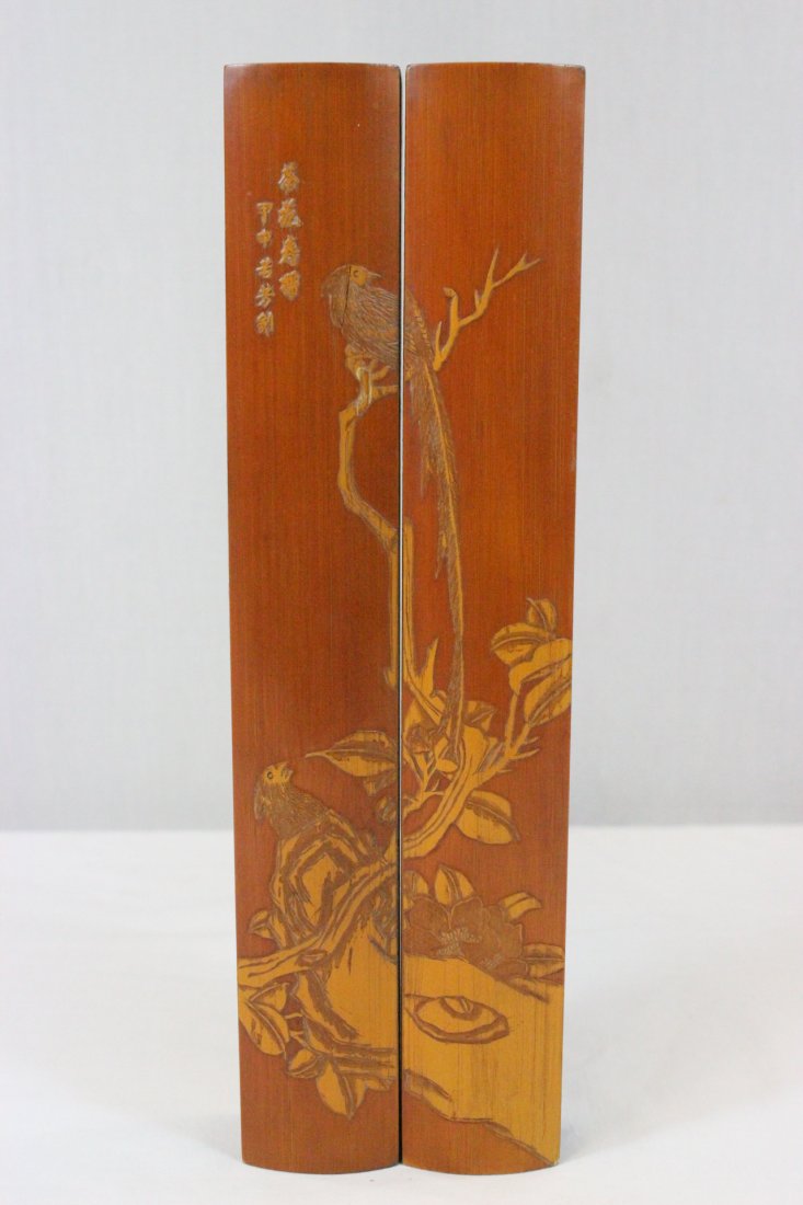 Pair Chinese bamboo on wood scroll weight (1 of 10)