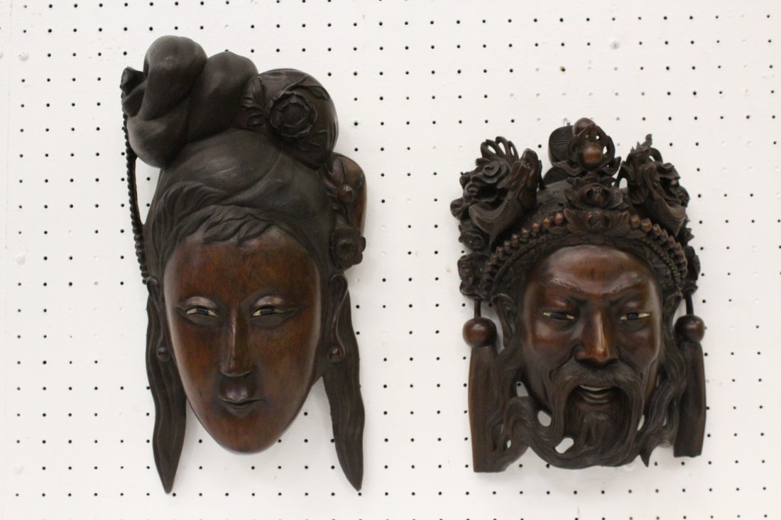 2 large Chinese 19th/20th c. rosewood carved mask (1 of 10)