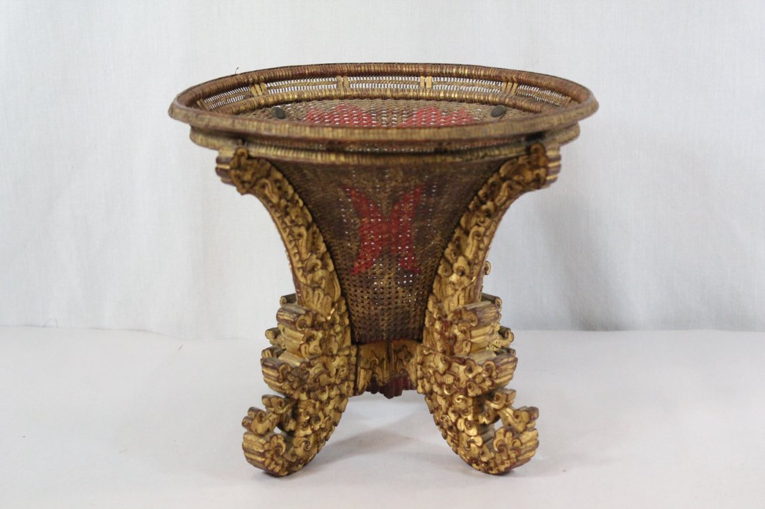 Chinese 19th c. bamboo basket on gilt wood panels (1 of 10)