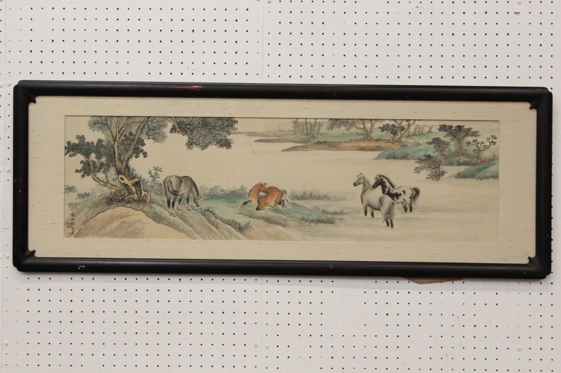 Framed Chinese signed watercolor on silk panel (1 of 9)