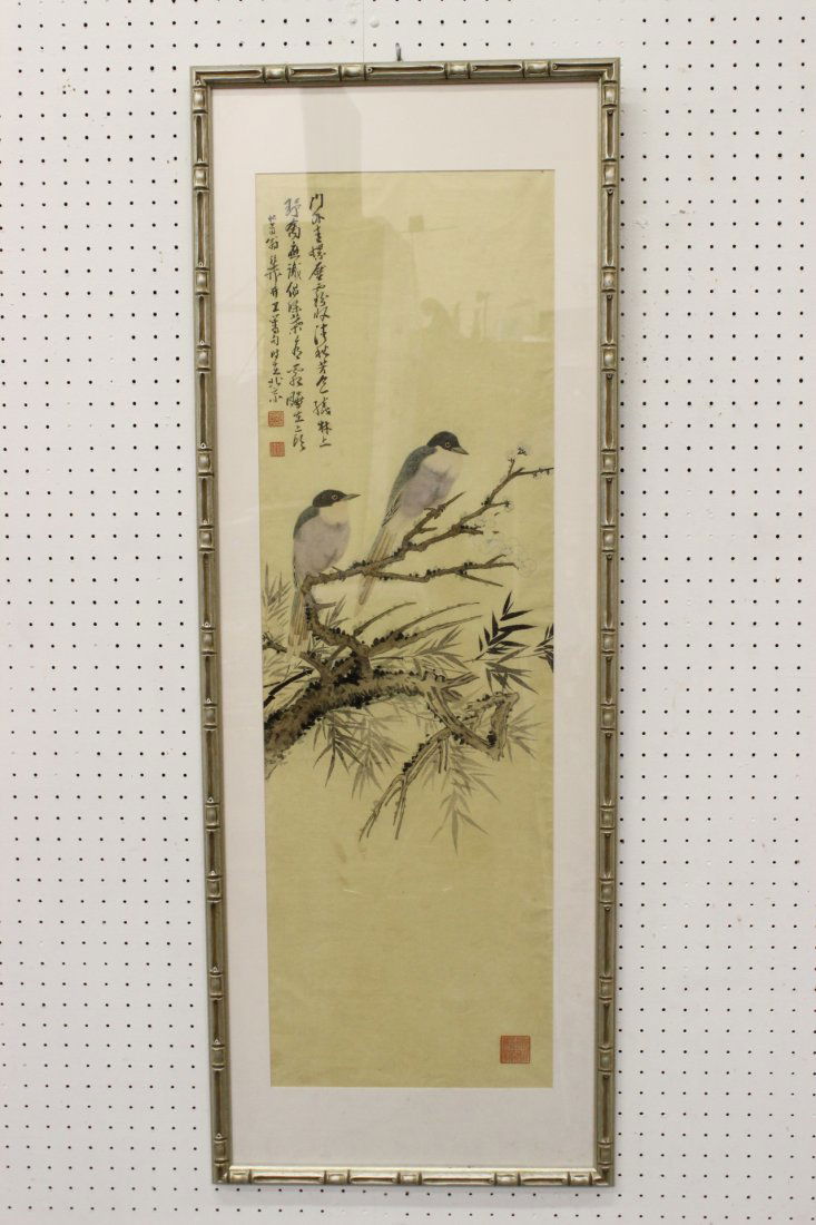 Chinese framed watercolor "birds resting on tree trunk" (1 of 10)