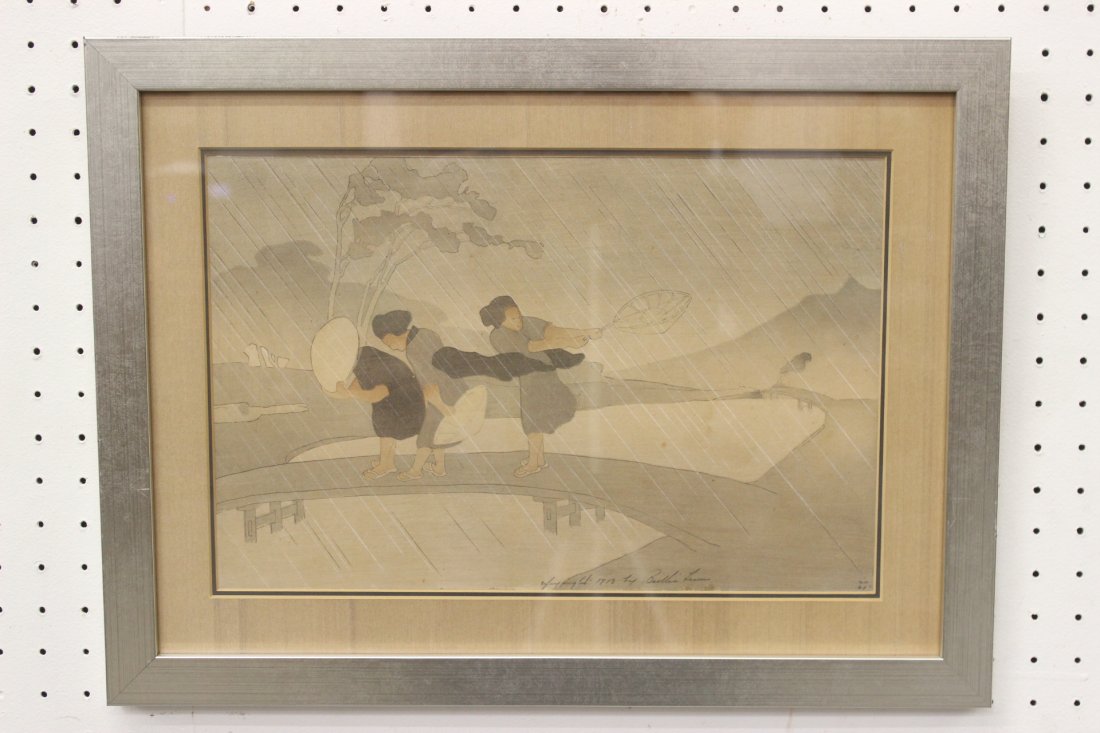 w/b print by Bertha Lum, dated 1913: A woodblock print depicting girls in raining day by California artist Bertha Lum (1869-1954), dated 1913, 9.75"x15"