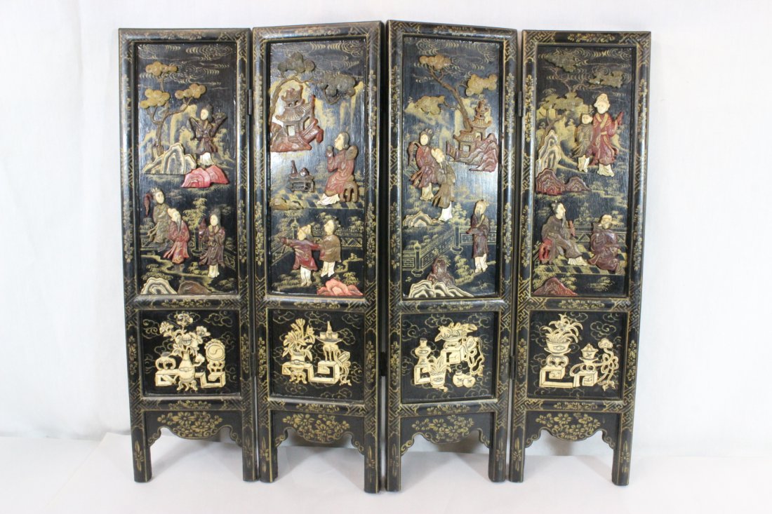 Chinese 4-panel table top screen: Chinese 4-panel (19.7"Hx5.3"x0.6" each) table top screen decorated with bone carvings to depict fairy tale scene