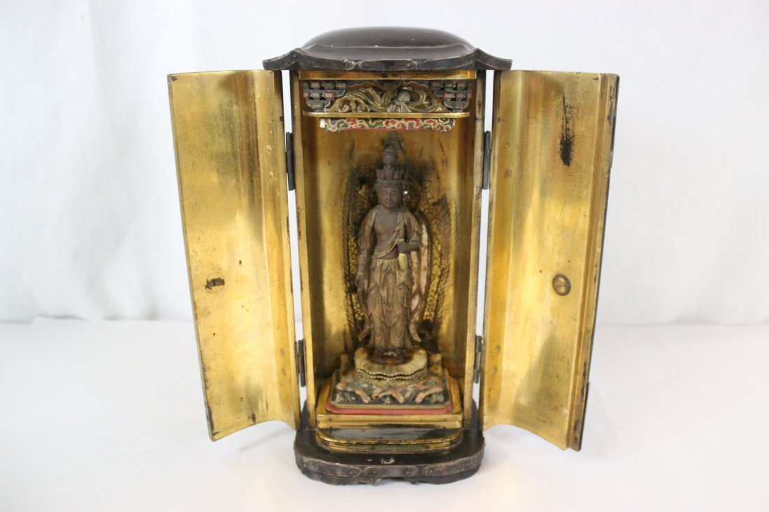 Japanese antique shrine with antique Buddha inside: Japanese antique shrine (12.75"Hx6.3"x4.9") with antique Buddha (7"H) inside