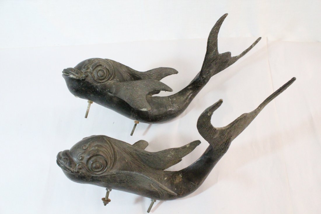 Pair antique bronze door handles: Pair antique bronze door handles in the form of goldfish (20"L each)