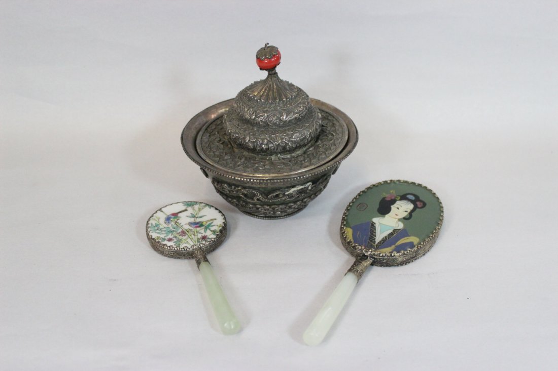 A jade carved bowl, and 2 hand mirrors: A jade carved bowl (5"Hx5.05"dia) with silver like overlay, and 2 hand mirrors (5.35"L, 7.2"L) with jade like handles (approx.2.45"L each)