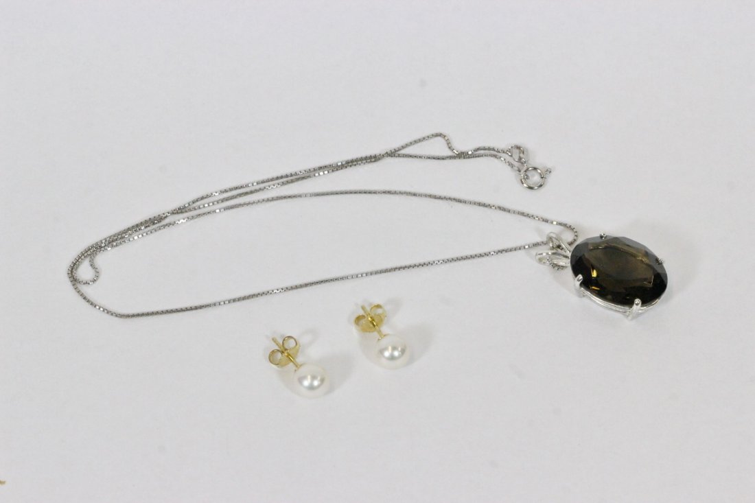 Pr pearl earrings & a quartz pendant w/ sterling: Pair Mikimoto pearl earrings (7mm in diameter) with 18K post, and a sterling pendant with smoky quartz wt. approx. 15ct, attached to a sterling necklace