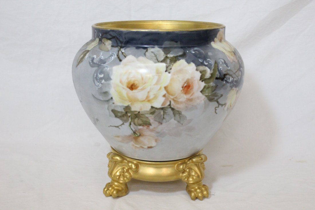 Antique hand painted Limoges jar: Antique hand painted Limoges jar (10.5"Hx11"dia) with gilt porcelain stand